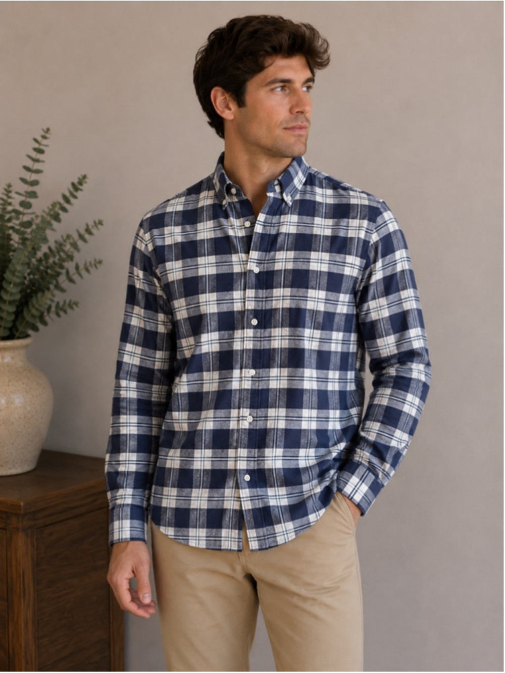 Men's L.L.Bean Button-Down Shirt Size 15 1/2-32 Blue Plaid F26